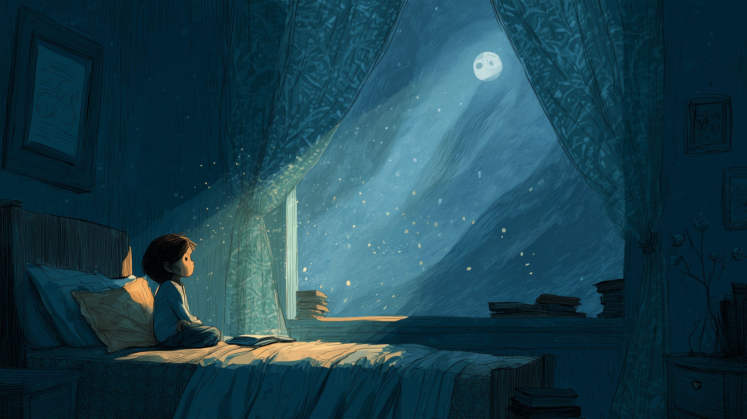 A child gazing at a moonlit starry sky through a window